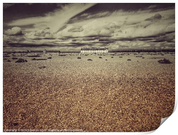 Shingle Street Suffolk,Beach & Cottages Print by Nick Edwards