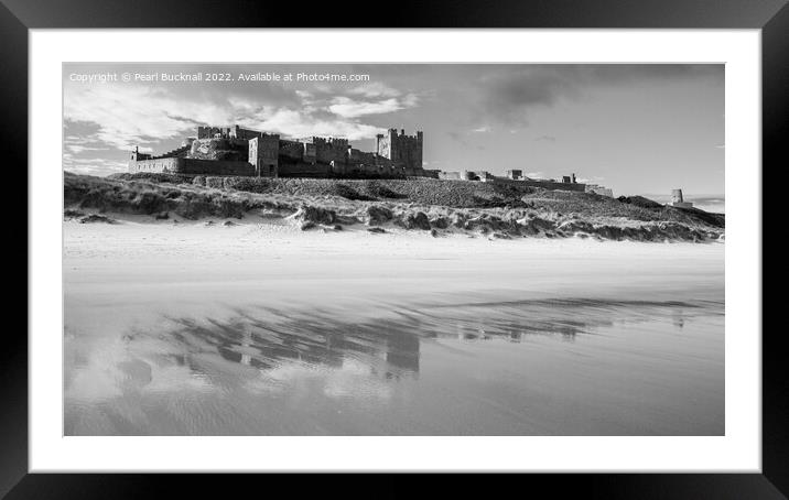Bamburgh Castle and Beach Northumberland Mono Framed Mounted Print by Pearl Bucknall