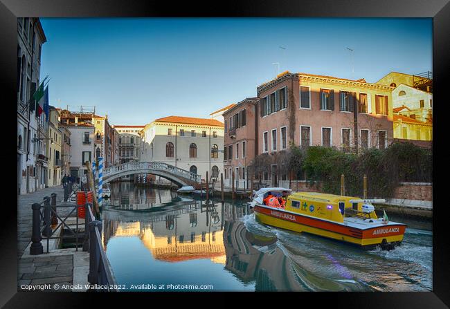 Ambulance on the canal Venice Framed Print by Angela Wallace