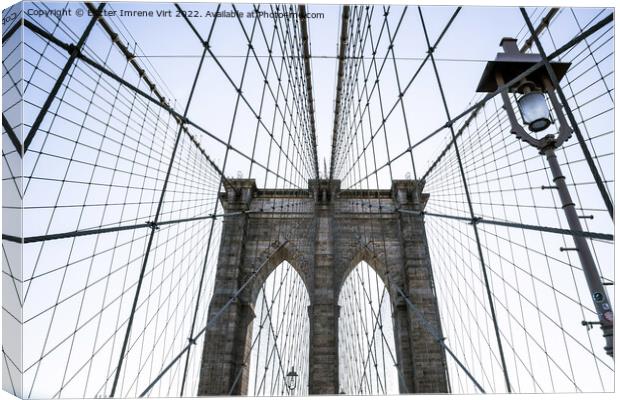  Abstract shape of the wires of Brooklyn Bridge with a lamp post Canvas Print by Eszter Imrene Virt