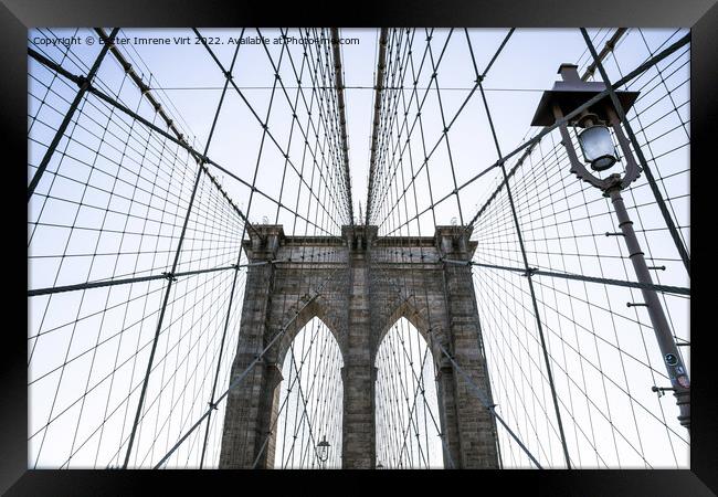  Abstract shape of the wires of Brooklyn Bridge with a lamp post Framed Print by Eszter Imrene Virt