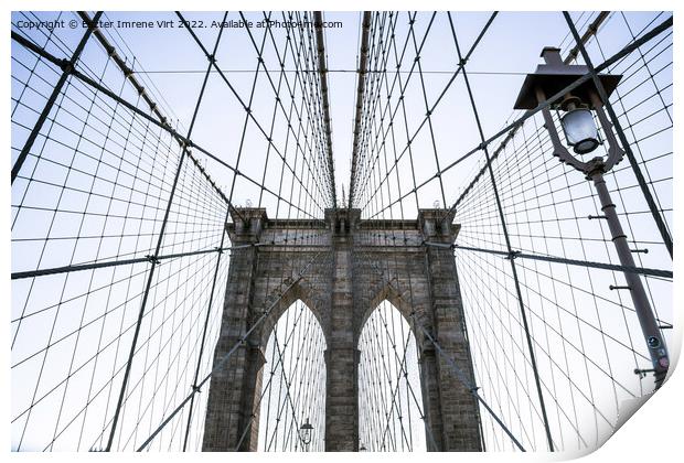  Abstract shape of the wires of Brooklyn Bridge with a lamp post Print by Eszter Imrene Virt