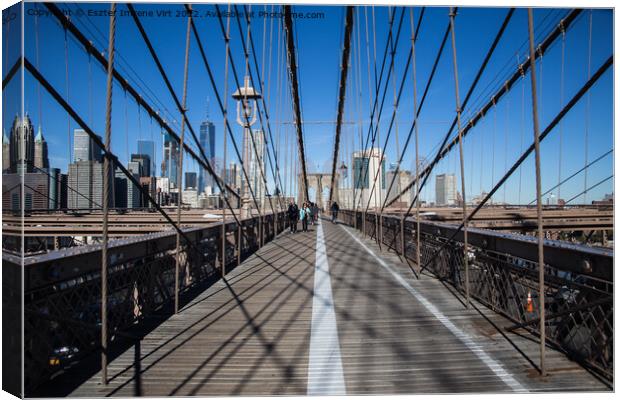 The skyline of Manhattan from the Brooklyn Bridge  Canvas Print by Eszter Imrene Virt