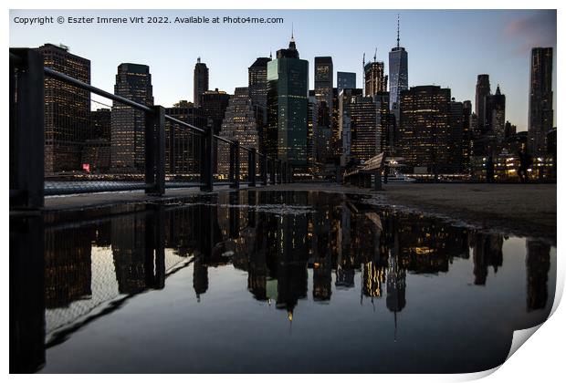 Reflection of the skyline of Manhattan at night Print by Eszter Imrene Virt