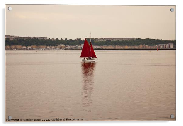 Yacht with red sails set approaches Cardiff Bay, South Wales Acrylic by Gordon Dixon