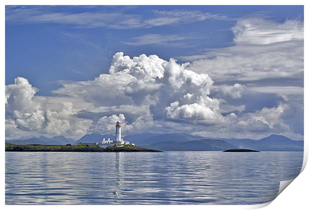 Summer clouds over Eilean Musdile lighthouse light Print by Gary Eason