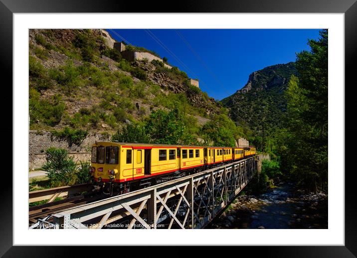 The Little Yellow Train (Le Petit Train Jaune) passing through Villefranche-de-Conflent, France Framed Mounted Print by Chun Ju Wu