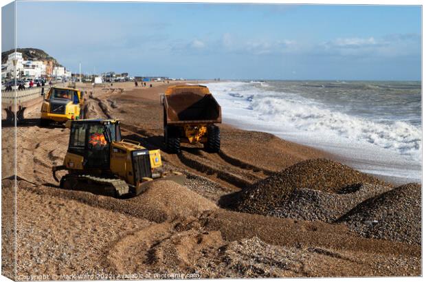 Beach Repairs on Hastings Seafront. Canvas Print by Mark Ward