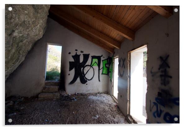 Interior of a derelict house, integrated in the rocks, with graffiti in Setenil Acrylic by Jose Manuel Espigares Garc