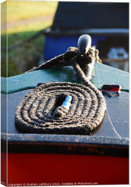 Canal narrowboat bow rope. Canvas Print by Graham Lathbury