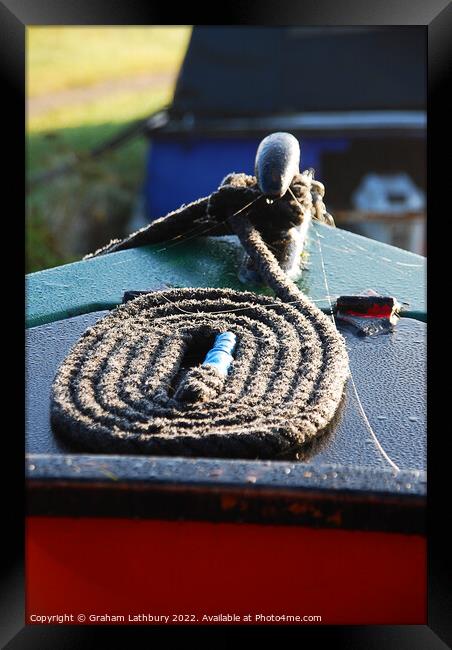 Canal narrowboat bow rope. Framed Print by Graham Lathbury