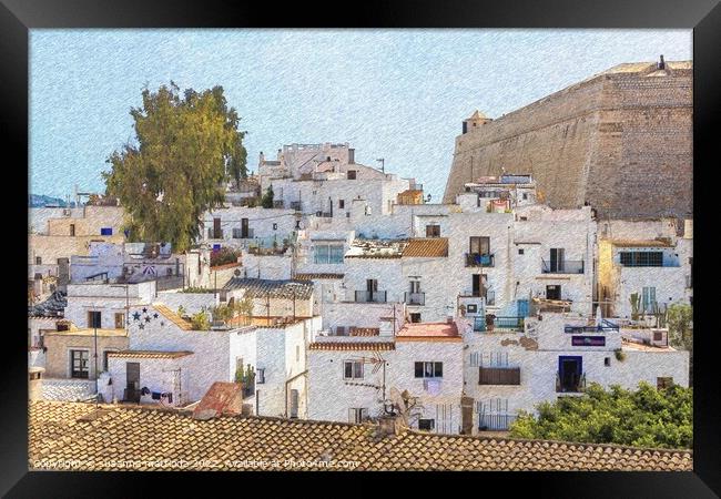 PENCIL SKETCH EFFECT of view of old Ibiza Framed Print by susanna mattioda