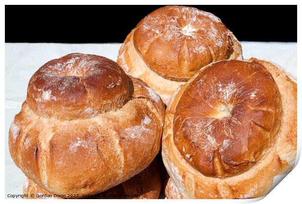 Freshly baked cottage loaves on a baker's stall  Print by Gordon Dixon