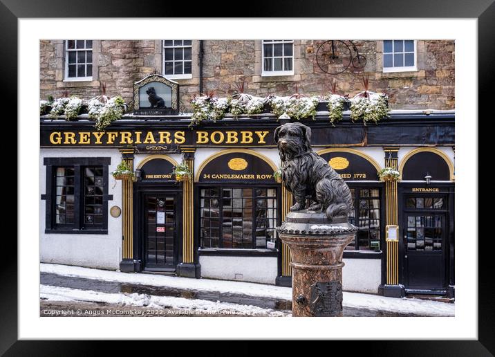 Statue of Greyfriars Bobby in snow, Edinburgh Framed Mounted Print by Angus McComiskey