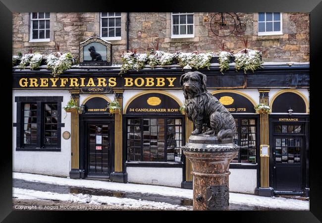 Statue of Greyfriars Bobby in snow, Edinburgh Framed Print by Angus McComiskey