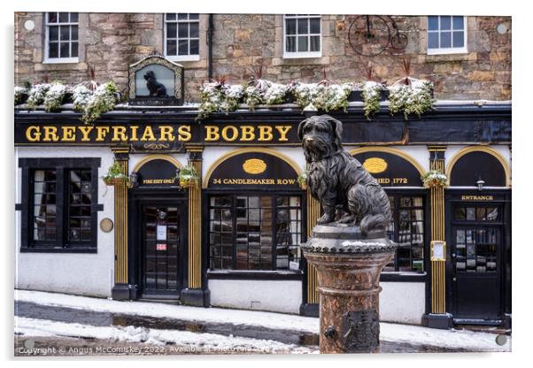 Statue of Greyfriars Bobby in snow, Edinburgh Acrylic by Angus McComiskey