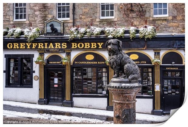 Statue of Greyfriars Bobby in snow, Edinburgh Print by Angus McComiskey