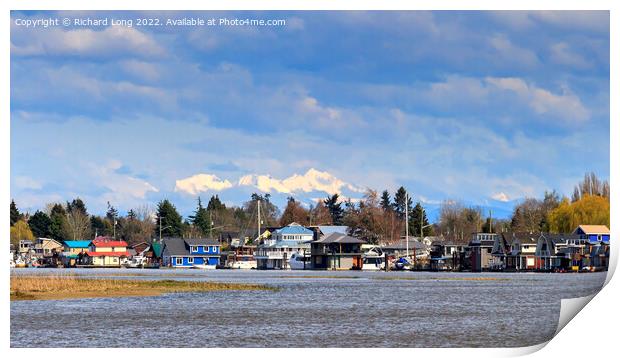 Float homes on the Fraser River Print by Richard Long