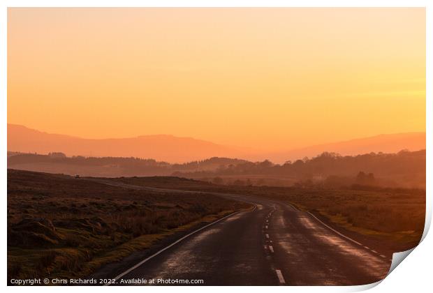Sunset on the A4059, Brecon Beacons Print by Chris Richards