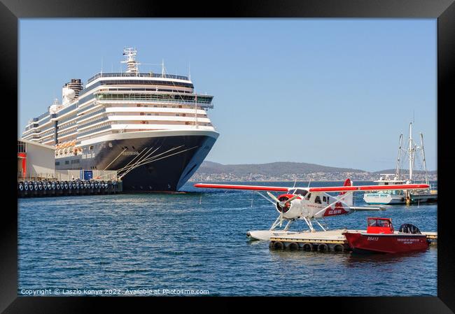 A cruise ship and a seaplane - Hobart Framed Print by Laszlo Konya