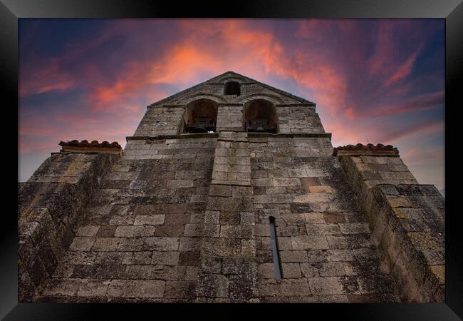 Romanesque stone church bell tower with amazing sky Framed Print by David Galindo