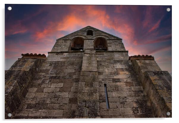 Romanesque stone church bell tower with amazing sky Acrylic by David Galindo