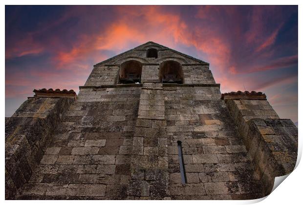 Romanesque stone church bell tower with amazing sky Print by David Galindo