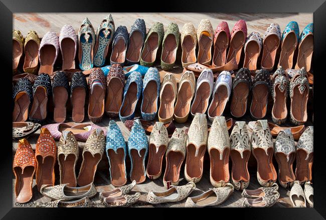 Traditional handmade leather Arabian slippers for sale Framed Print by Gordon Dixon