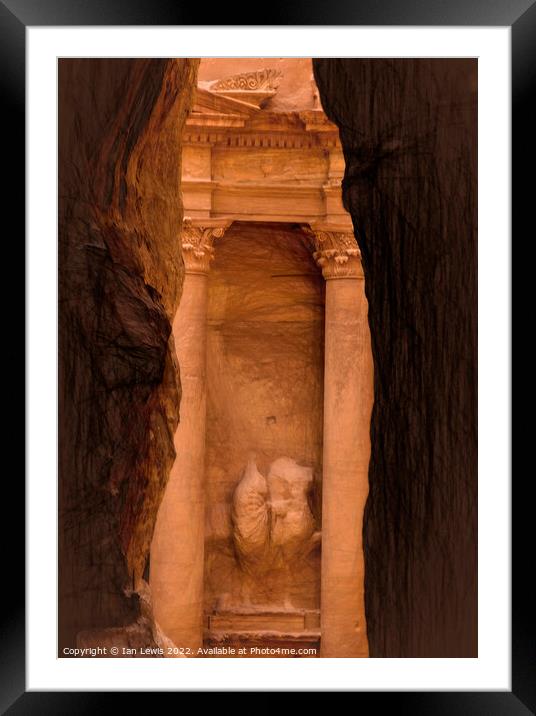 First Sight of The Treasury at Petra Framed Mounted Print by Ian Lewis