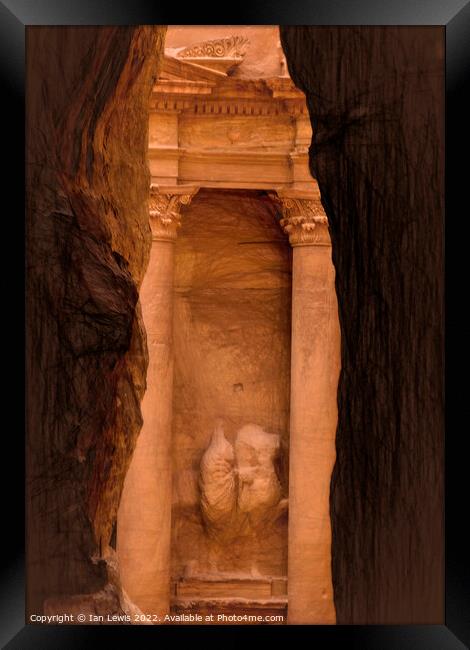 First Sight of The Treasury at Petra Framed Print by Ian Lewis