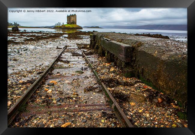 Low view point of old rails leading to Castle Stal Framed Print by Jenny Hibbert