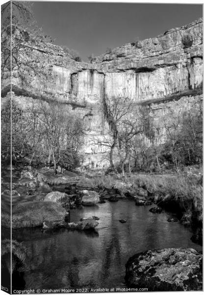 Malham Cove and Malham Beck vertical monochrome Canvas Print by Graham Moore