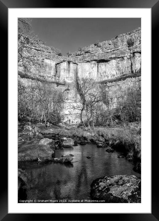 Malham Cove and Malham Beck vertical monochrome Framed Mounted Print by Graham Moore