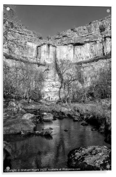 Malham Cove and Malham Beck vertical monochrome Acrylic by Graham Moore