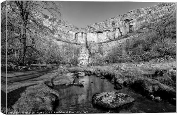 Malham Cove and stream monochrome Canvas Print by Graham Moore