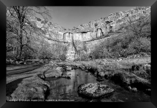 Malham Cove and stream monochrome Framed Print by Graham Moore
