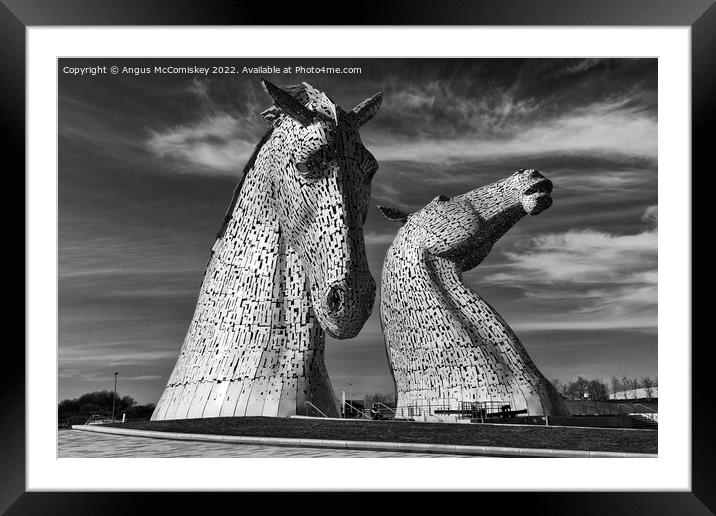 The Kelpies black and white Framed Mounted Print by Angus McComiskey