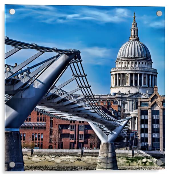 St Paul's Cathedral and The Millennium Bridge Acrylic by Joyce Storey