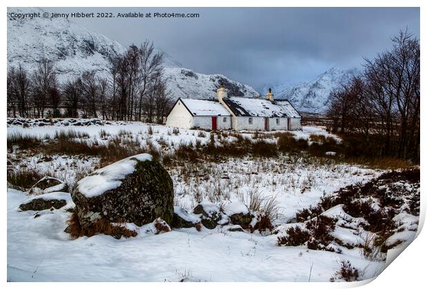 Winter at Black Rock Cottage Glencoe Print by Jenny Hibbert