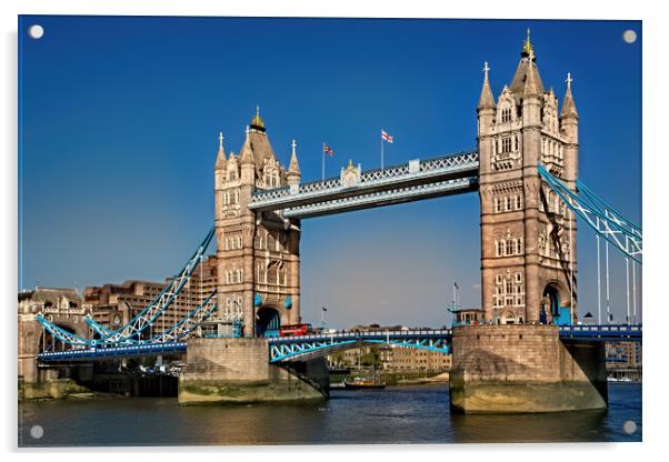 London Bus on Tower Bridge Acrylic by Joyce Storey