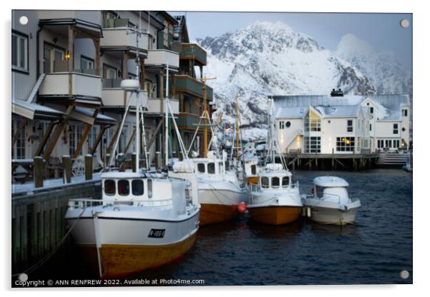Norwegian fishing village in winter. Acrylic by ANN RENFREW