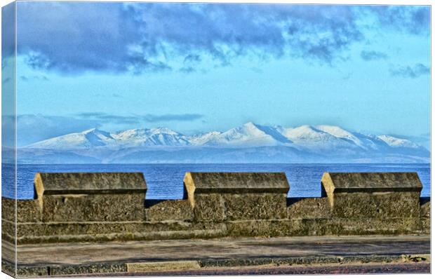 Snow topped Arran mountain view from Ayr Canvas Print by Allan Durward Photography