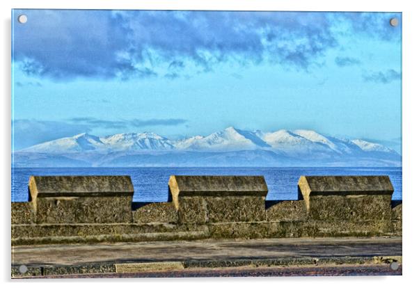 Snow topped Arran mountain view from Ayr Acrylic by Allan Durward Photography