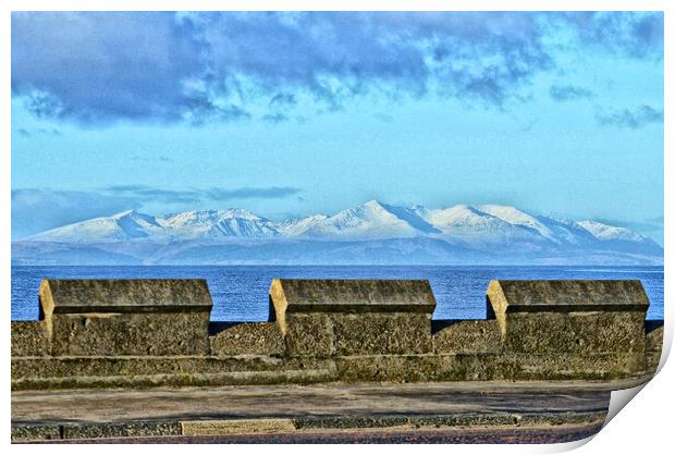 Snow topped Arran mountain view from Ayr Print by Allan Durward Photography
