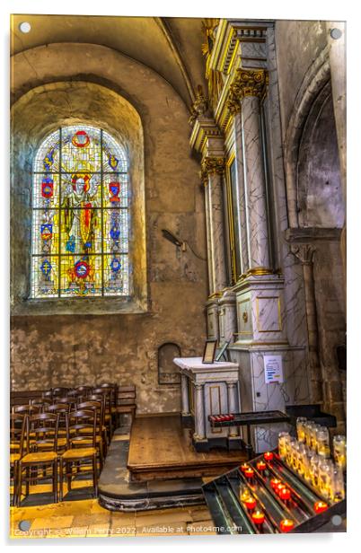 Candles Stained Glass Church St Marie Eglise Normandy France Acrylic by William Perry