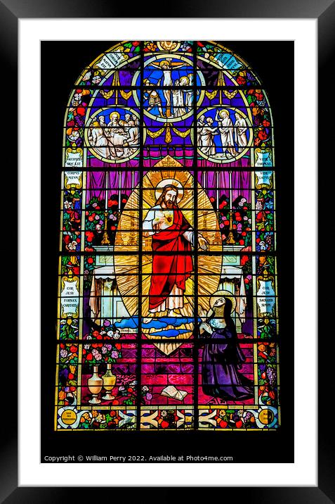 Jesus Stained Glass Church St Marie Eglise Normandy France Framed Mounted Print by William Perry