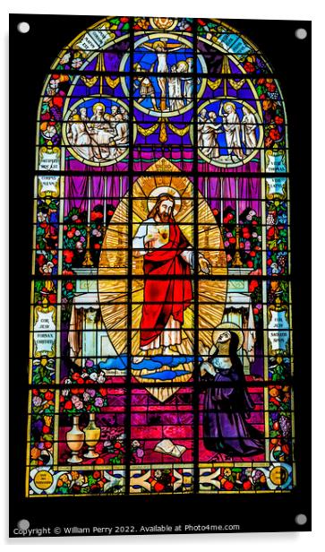 Jesus Stained Glass Church St Marie Eglise Normandy France Acrylic by William Perry