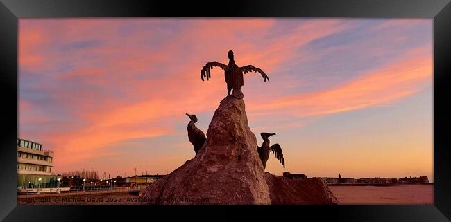 Morecambe Cormorant Sculpture, Sunset Framed Print by Michele Davis