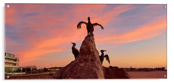 Morecambe Cormorant Sculpture, Sunset Acrylic by Michele Davis