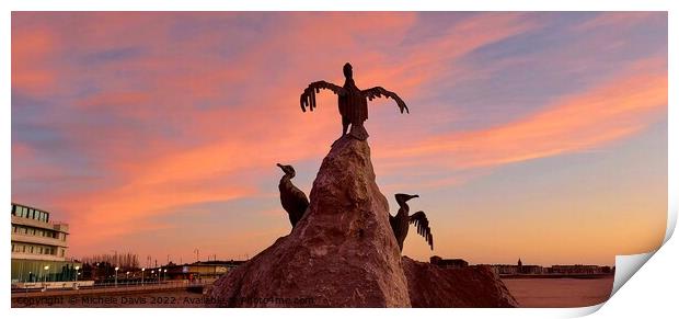Morecambe Cormorant Sculpture, Sunset Print by Michele Davis
